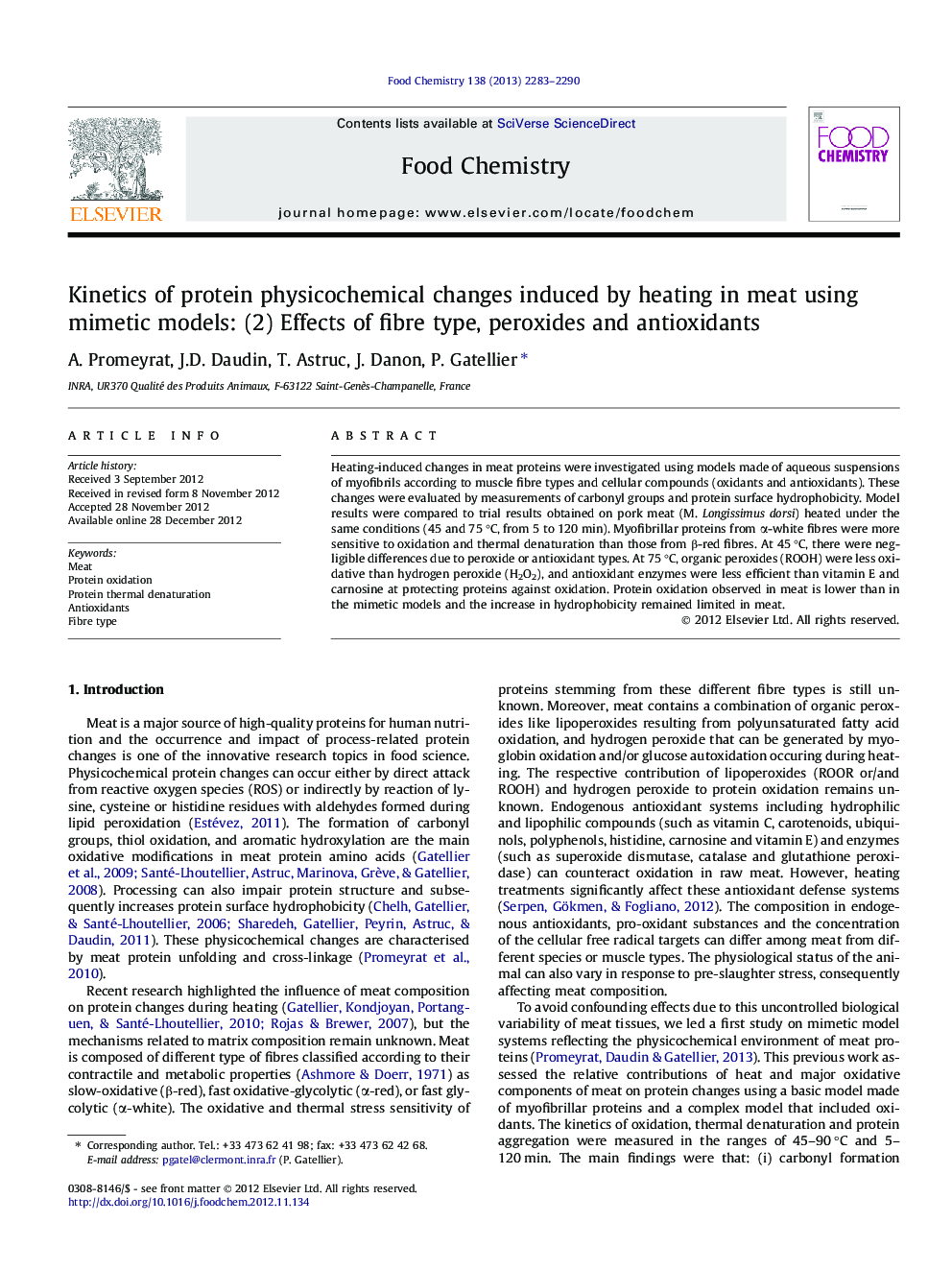 Kinetics of protein physicochemical changes induced by heating in meat using mimetic models: (2) Effects of fibre type, peroxides and antioxidants