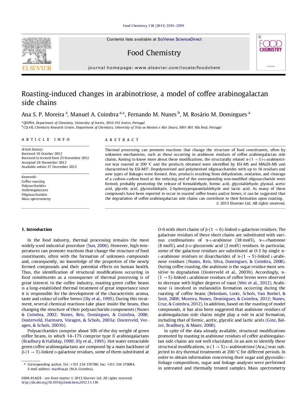 Roasting-induced changes in arabinotriose, a model of coffee arabinogalactan side chains