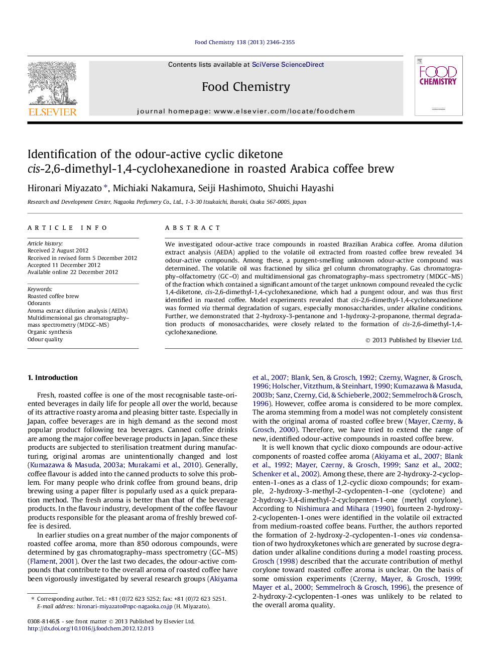 عکس صفحه اول مقاله: Identification of the odour-active cyclic diketone cis-2,6-dimethyl-1,4-cyclohexanedione in roasted Arabica coffee brew Identification of the odour-active cyclic diketone cis-2,6-dimethyl-1,4-cyclohexanedione in roasted Arabica coffee brew