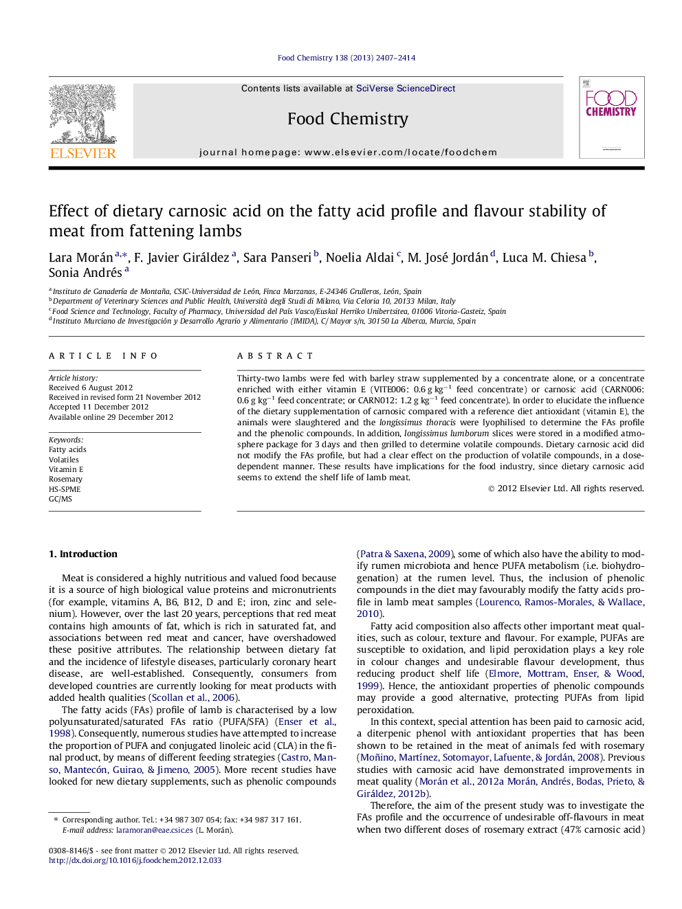 Effect of dietary carnosic acid on the fatty acid profile and flavour stability of meat from fattening lambs