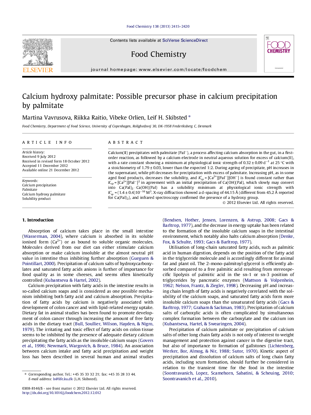 Calcium hydroxy palmitate: Possible precursor phase in calcium precipitation by palmitate