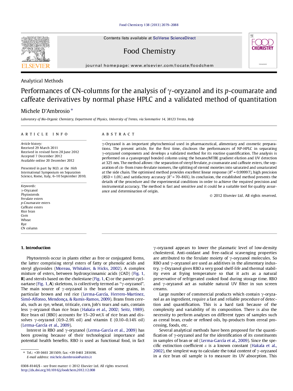 Performances of CN-columns for the analysis of γ-oryzanol and its p-coumarate and caffeate derivatives by normal phase HPLC and a validated method of quantitation