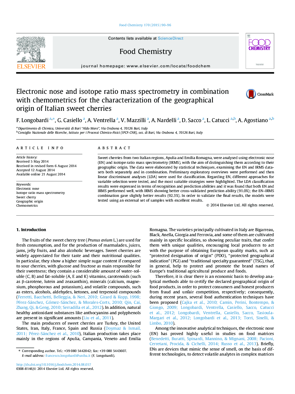 Electronic nose and isotope ratio mass spectrometry in combination with chemometrics for the characterization of the geographical origin of Italian sweet cherries