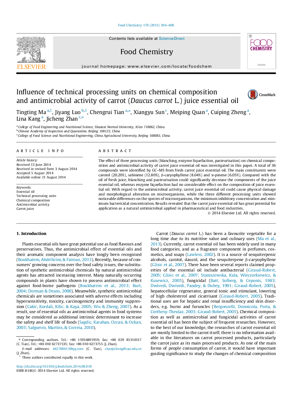 Influence of technical processing units on chemical composition and antimicrobial activity of carrot (Daucus carrot L.) juice essential oil