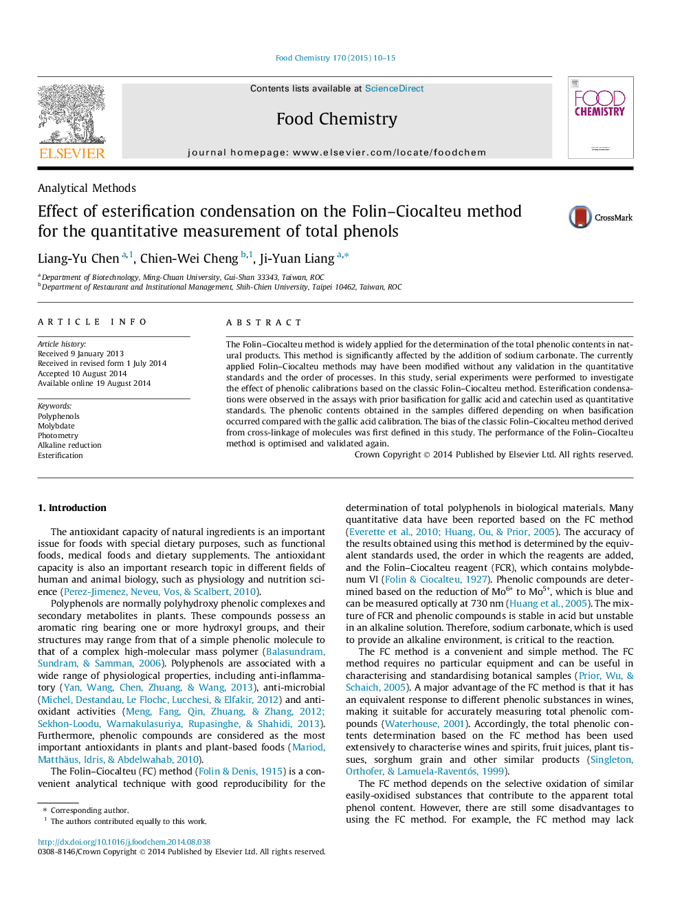 Effect of esterification condensation on the Folin–Ciocalteu method for the quantitative measurement of total phenols