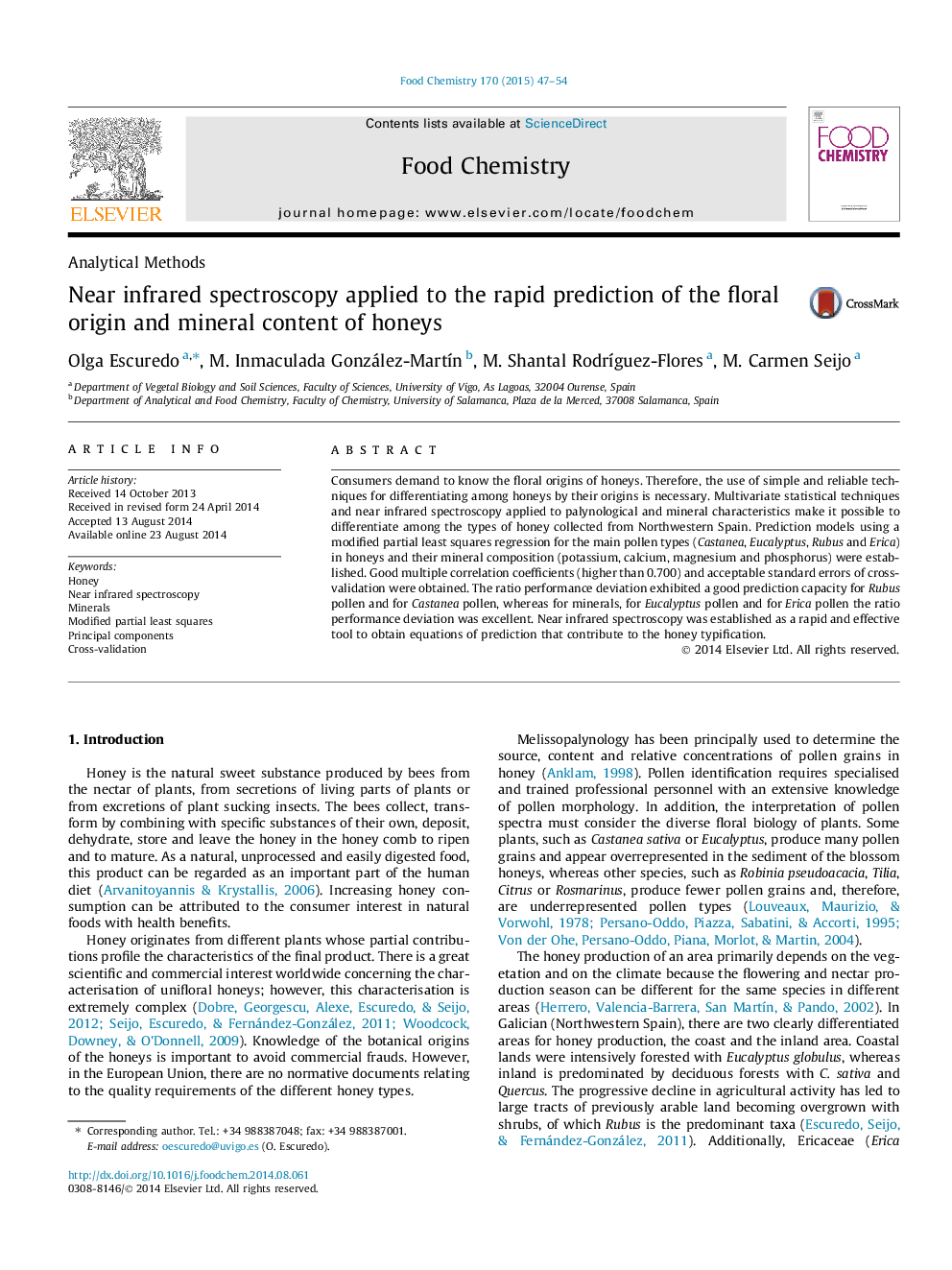 Near infrared spectroscopy applied to the rapid prediction of the floral origin and mineral content of honeys