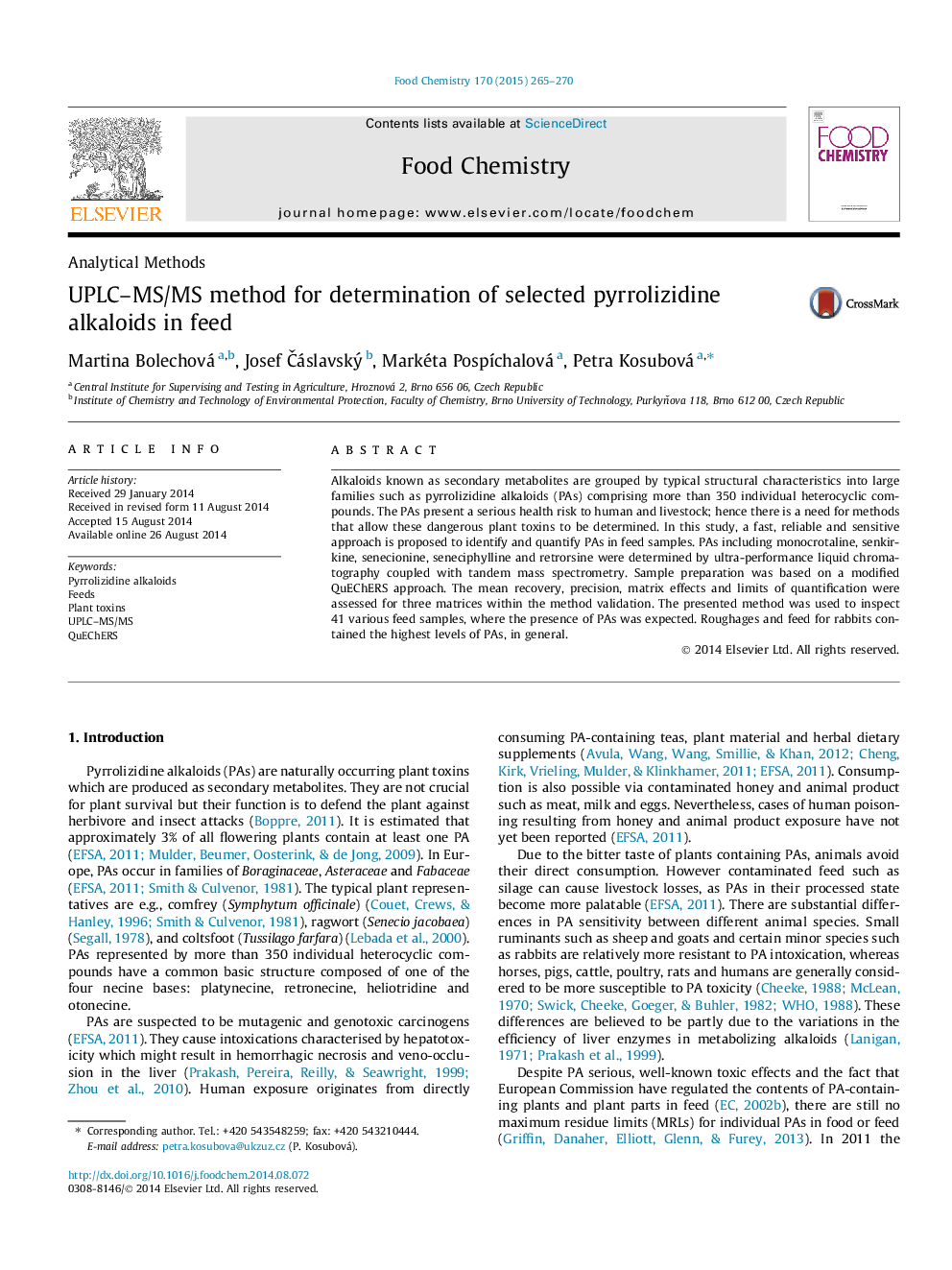 UPLC–MS/MS method for determination of selected pyrrolizidine alkaloids in feed