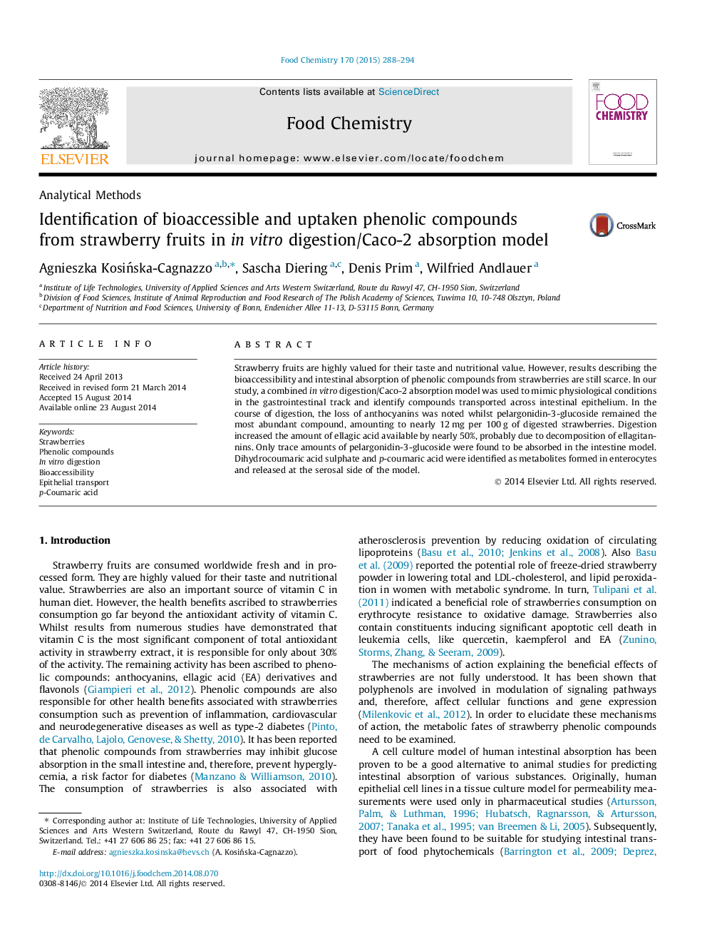 Identification of bioaccessible and uptaken phenolic compounds from strawberry fruits in in vitro digestion/Caco-2 absorption model