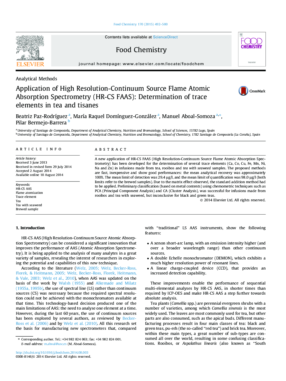 عکس صفحه اول مقاله: Application of High Resolution-Continuum Source Flame Atomic Absorption Spectrometry (HR-CS FAAS): Determination of trace elements in tea and tisanes Application of High Resolution-Continuum Source Flame Atomic Absorption Spectrometry (HR-CS FAAS): Determination of trace elements in tea and tisanes