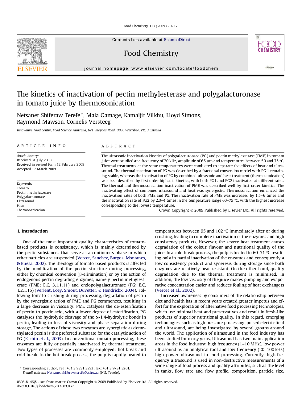 The kinetics of inactivation of pectin methylesterase and polygalacturonase in tomato juice by thermosonication