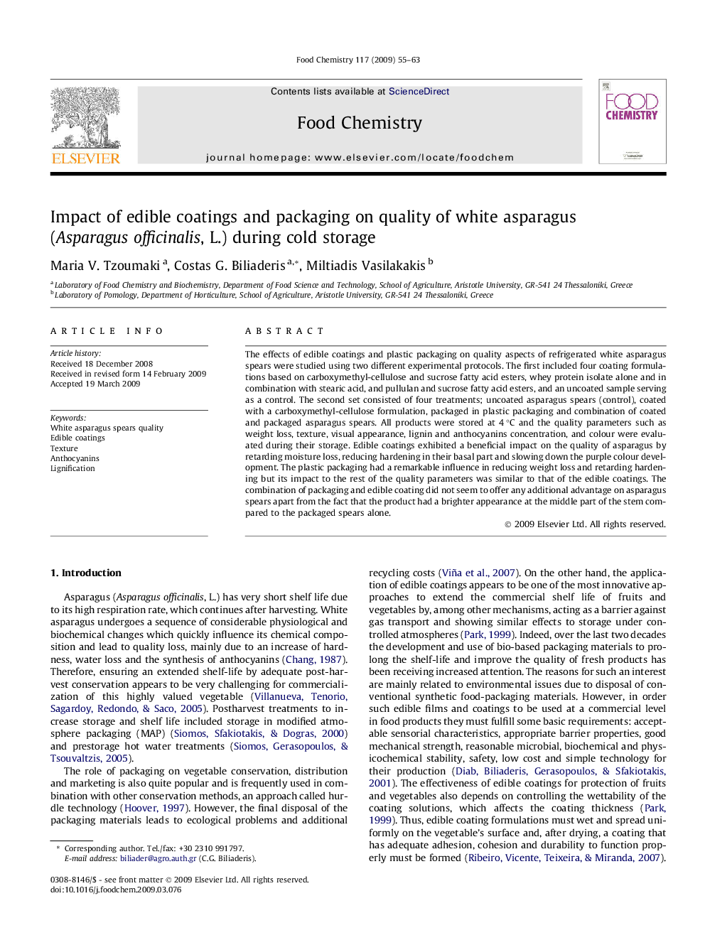 Impact of edible coatings and packaging on quality of white asparagus (Asparagus officinalis, L.) during cold storage