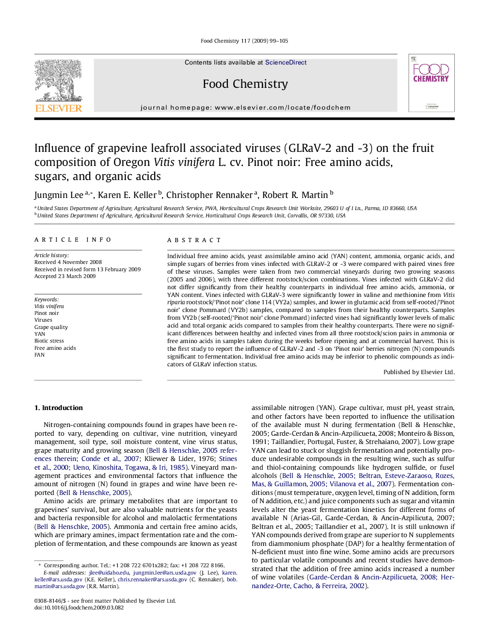 Influence of grapevine leafroll associated viruses (GLRaV-2 and -3) on the fruit composition of Oregon Vitis vinifera L. cv. Pinot noir: Free amino acids, sugars, and organic acids