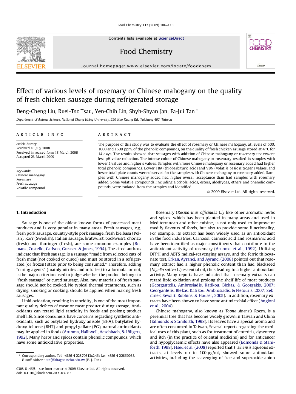 Effect of various levels of rosemary or Chinese mahogany on the quality of fresh chicken sausage during refrigerated storage