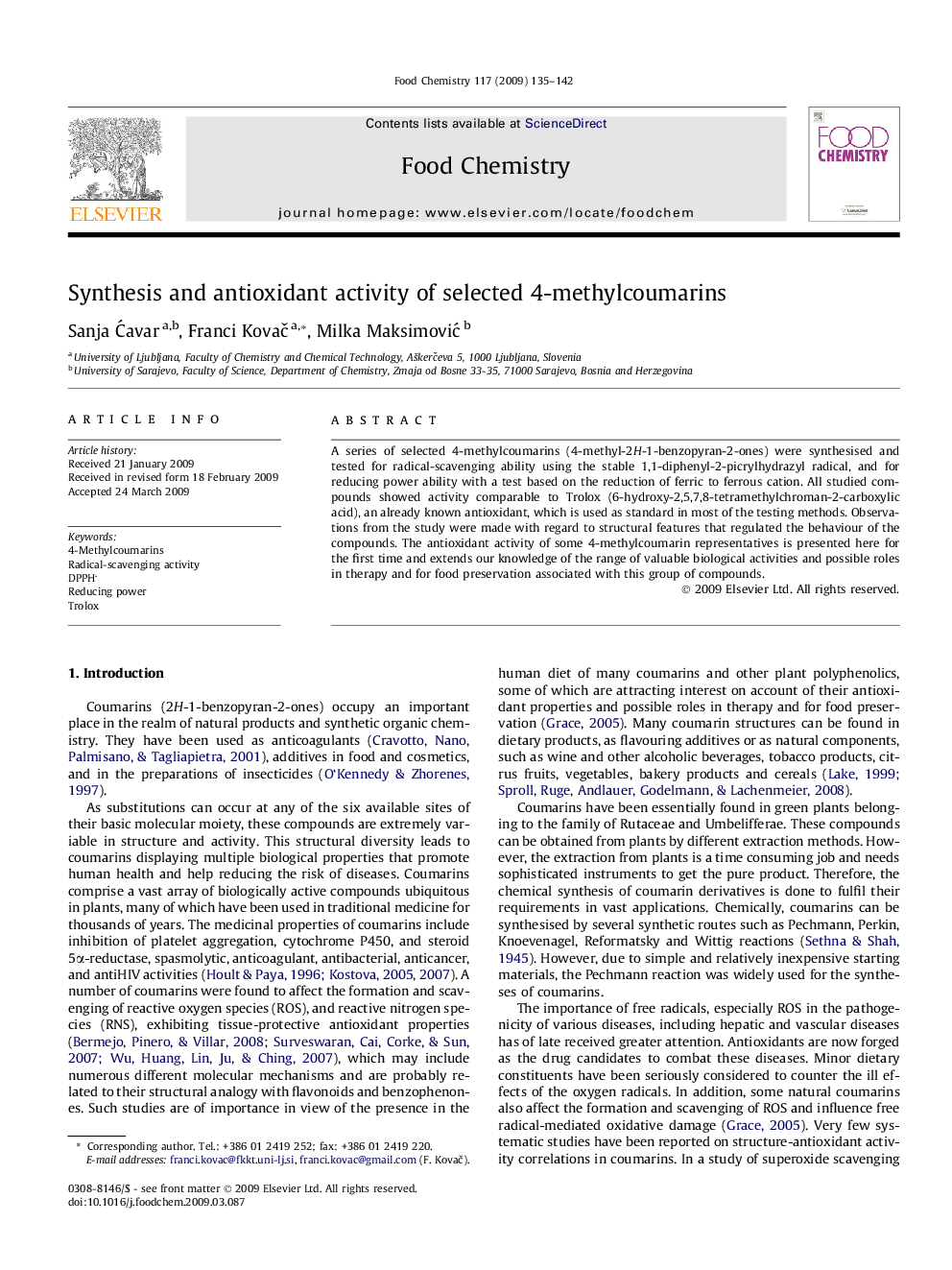 Synthesis and antioxidant activity of selected 4-methylcoumarins