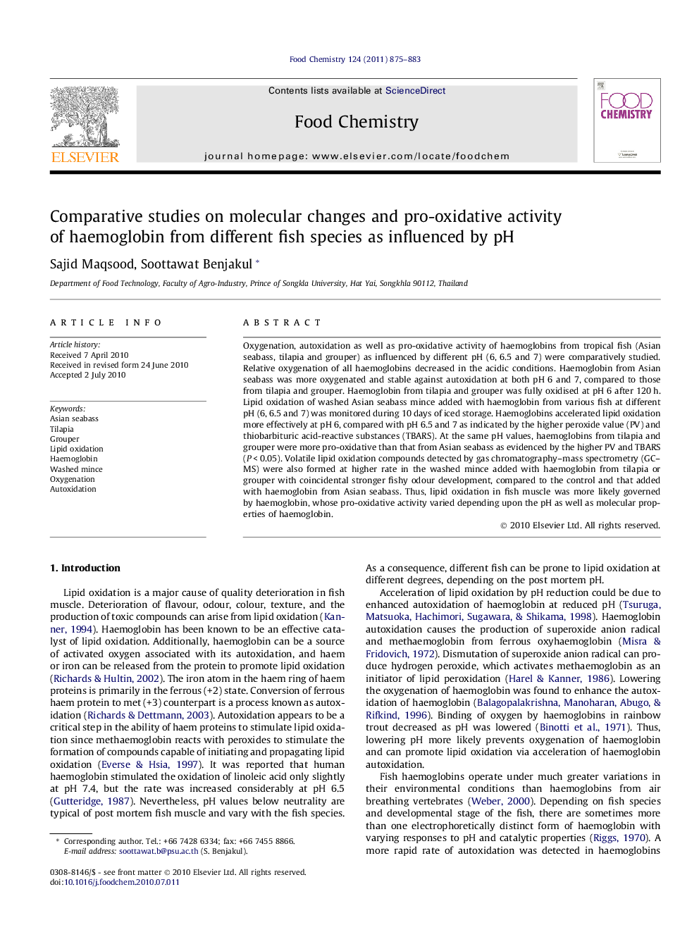 Comparative studies on molecular changes and pro-oxidative activity of haemoglobin from different fish species as influenced by pH