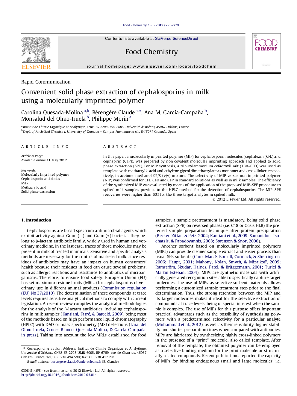 عکس صفحه اول مقاله: Convenient solid phase extraction of cephalosporins in milk using a molecularly imprinted polymer Convenient solid phase extraction of cephalosporins in milk using a molecularly imprinted polymer