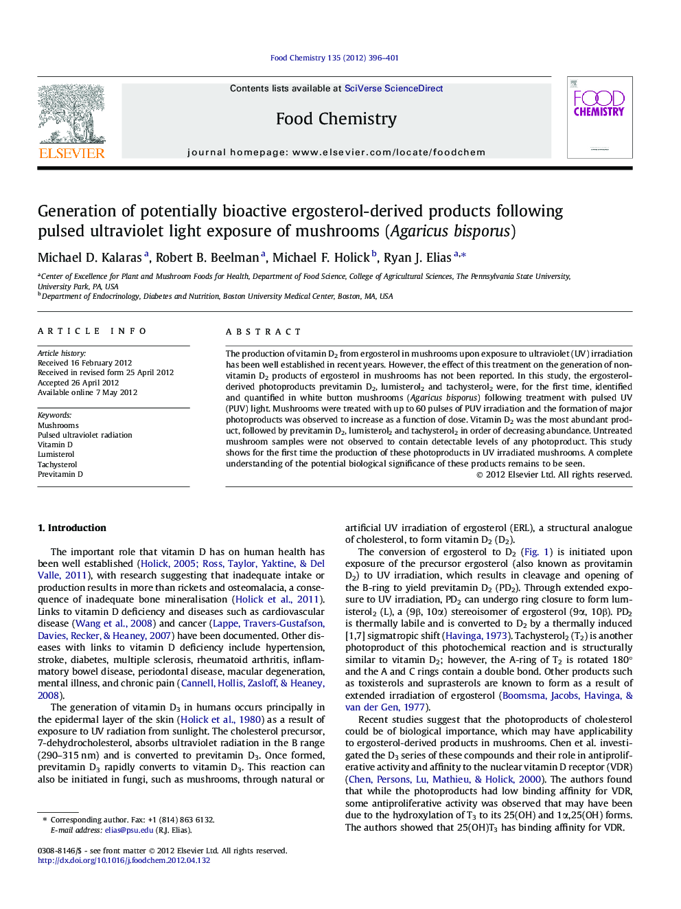 Generation of potentially bioactive ergosterol-derived products following pulsed ultraviolet light exposure of mushrooms (Agaricus bisporus)