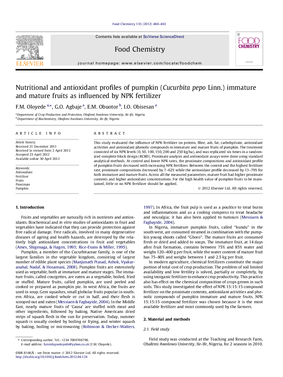 Nutritional and antioxidant profiles of pumpkin (Cucurbita pepo Linn.) immature and mature fruits as influenced by NPK fertilizer