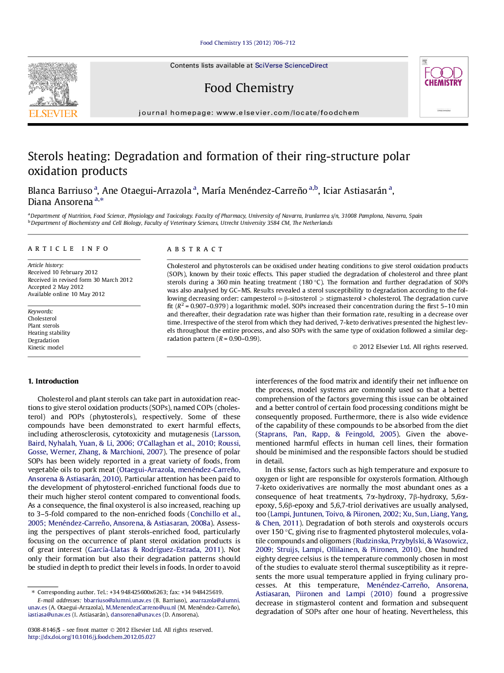 Sterols heating: Degradation and formation of their ring-structure polar oxidation products