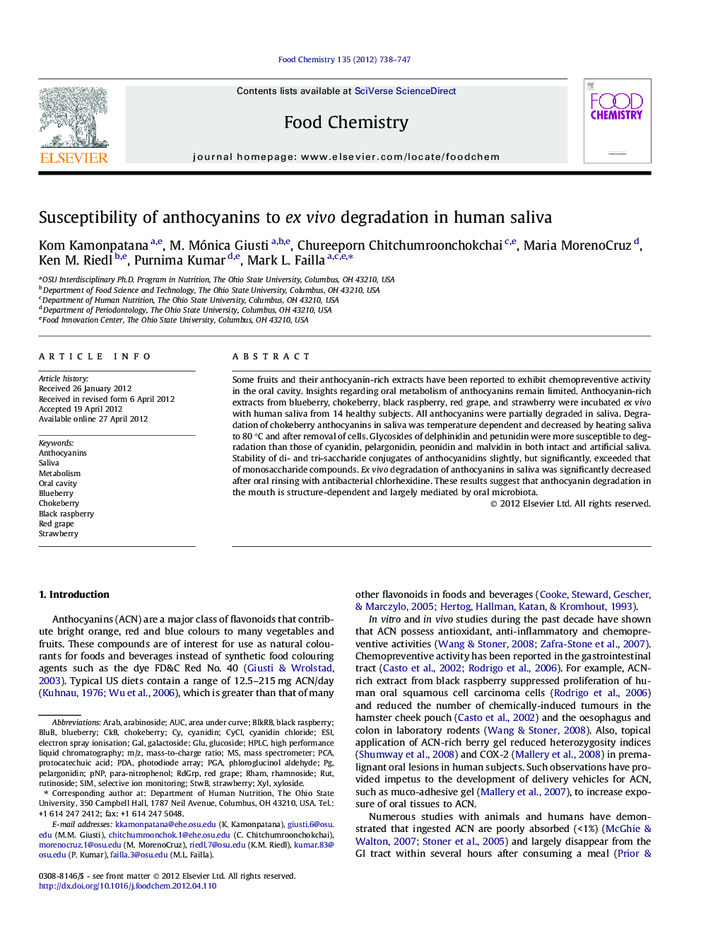 Susceptibility of anthocyanins to ex vivo degradation in human saliva