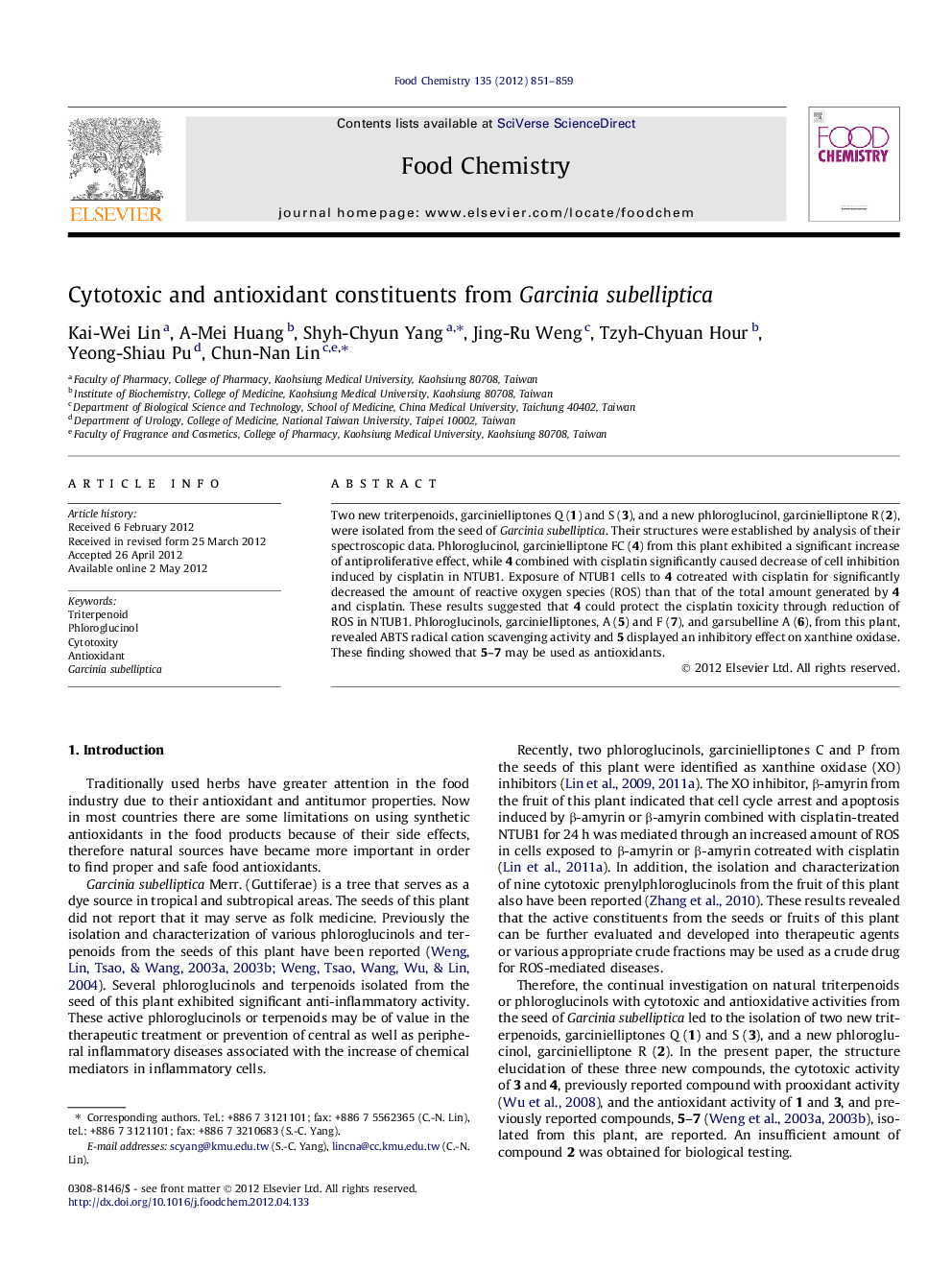 Cytotoxic and antioxidant constituents from Garcinia subelliptica