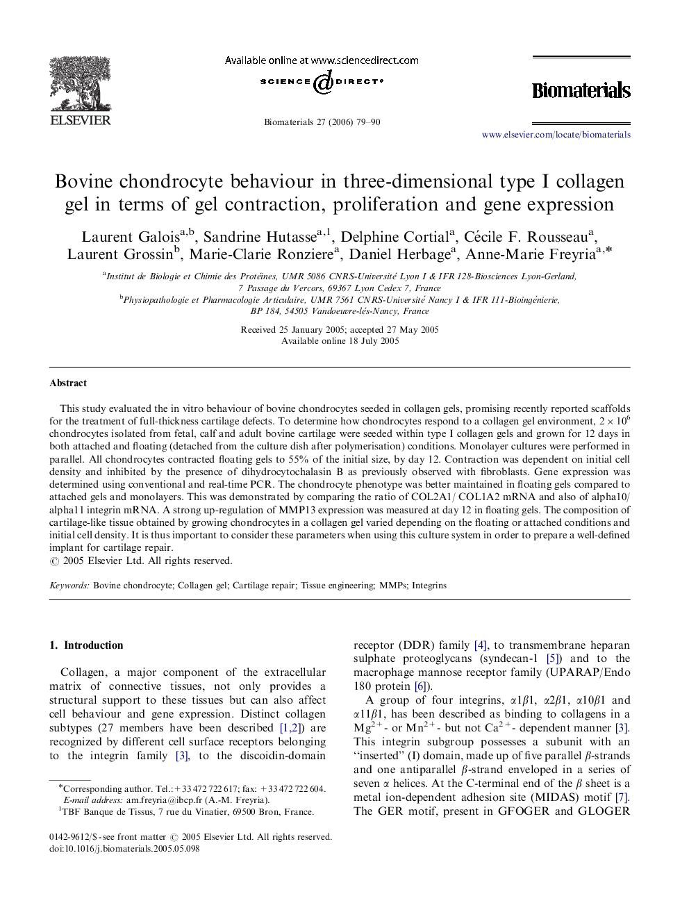 Bovine chondrocyte behaviour in three-dimensional type I collagen gel in terms of gel contraction, proliferation and gene expression