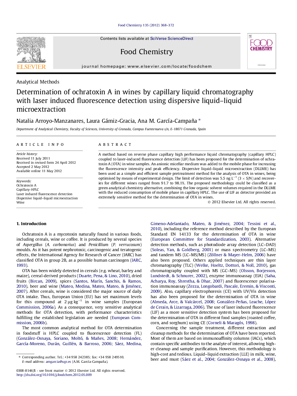 Determination of ochratoxin A in wines by capillary liquid chromatography with laser induced fluorescence detection using dispersive liquid–liquid microextraction