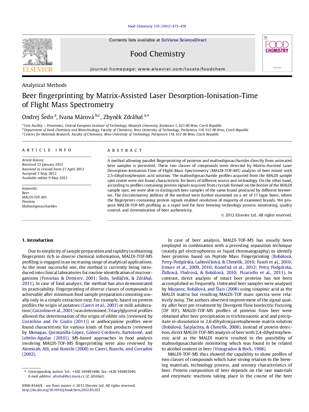 Beer fingerprinting by Matrix-Assisted Laser Desorption-Ionisation-Time of Flight Mass Spectrometry