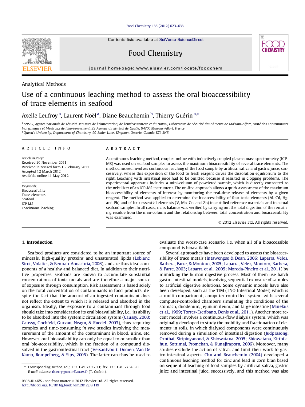 عکس صفحه اول مقاله: Use of a continuous leaching method to assess the oral bioaccessibility of trace elements in seafood Use of a continuous leaching method to assess the oral bioaccessibility of trace elements in seafood