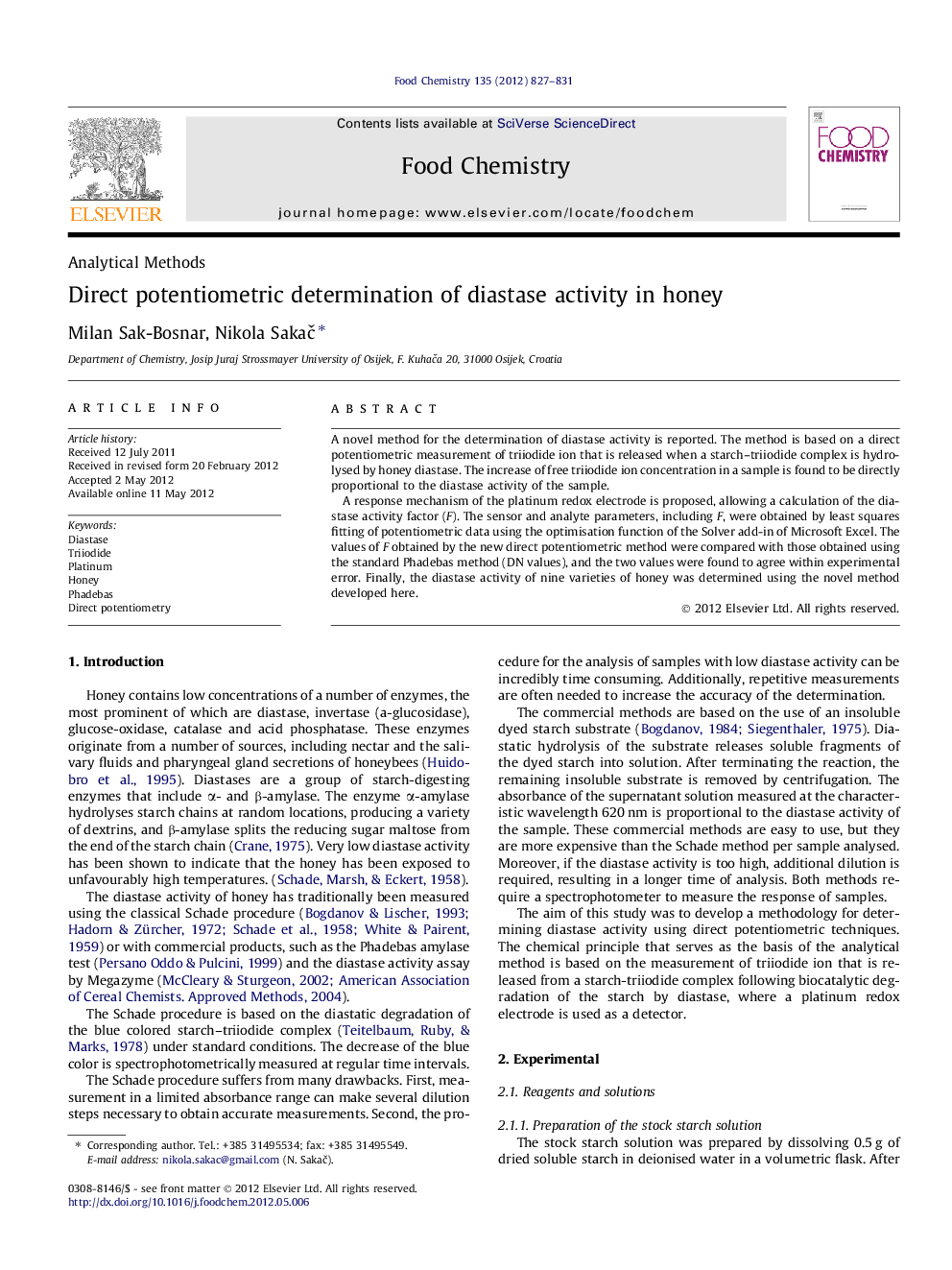 Direct potentiometric determination of diastase activity in honey