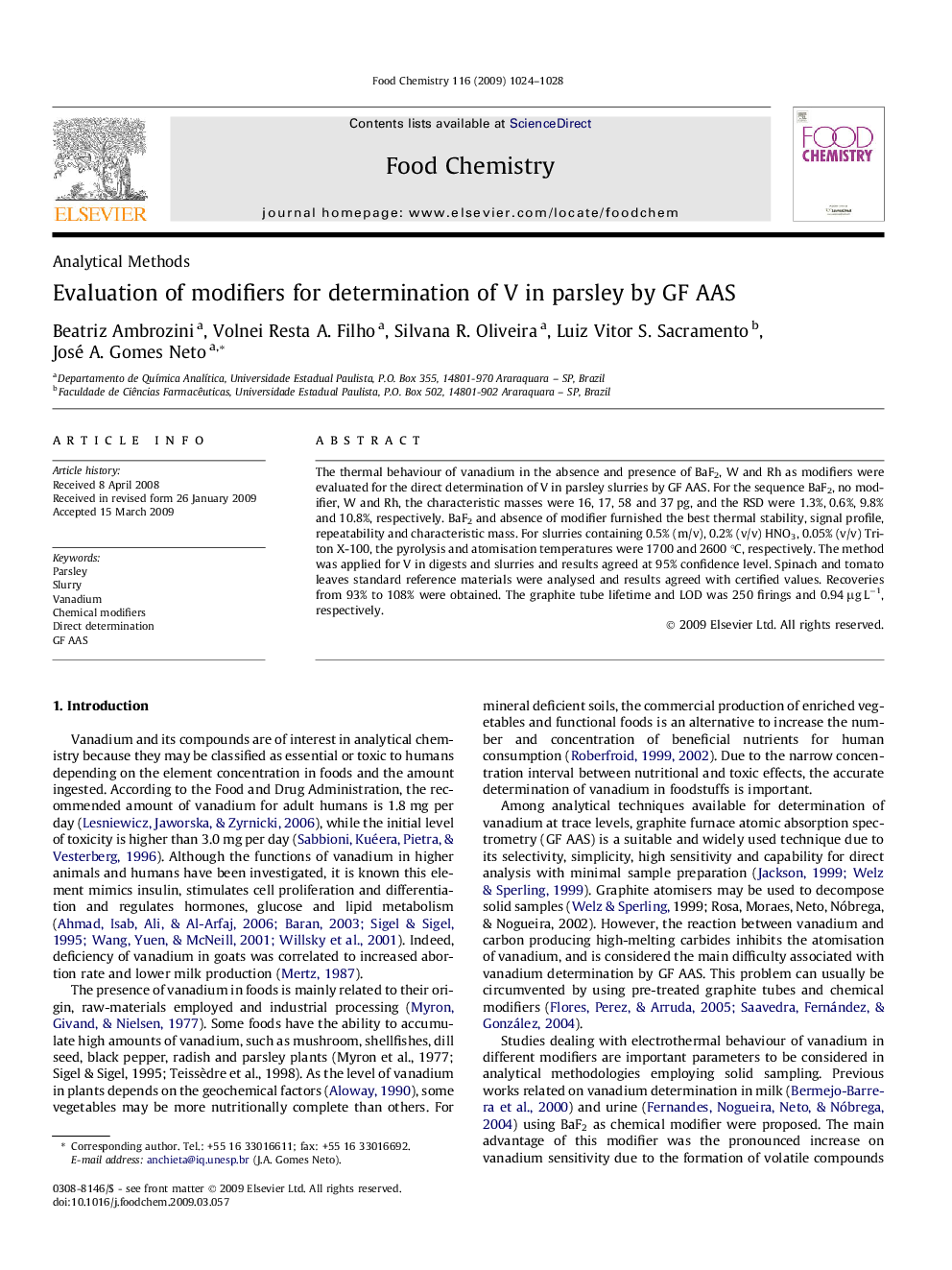 Evaluation of modifiers for determination of V in parsley by GF AAS