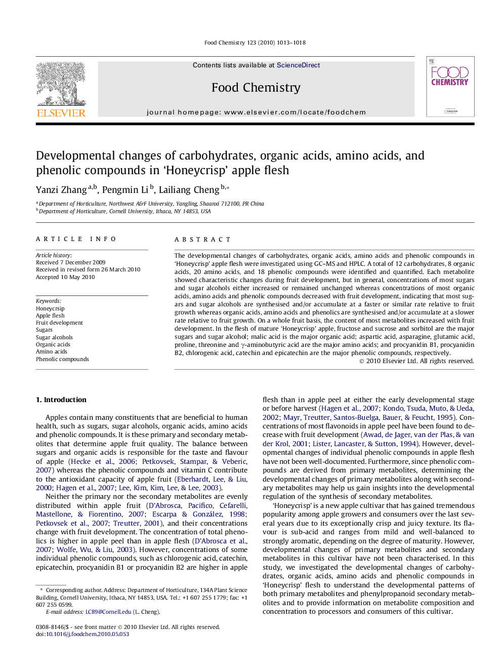 Developmental changes of carbohydrates, organic acids, amino acids, and phenolic compounds in ‘Honeycrisp’ apple flesh