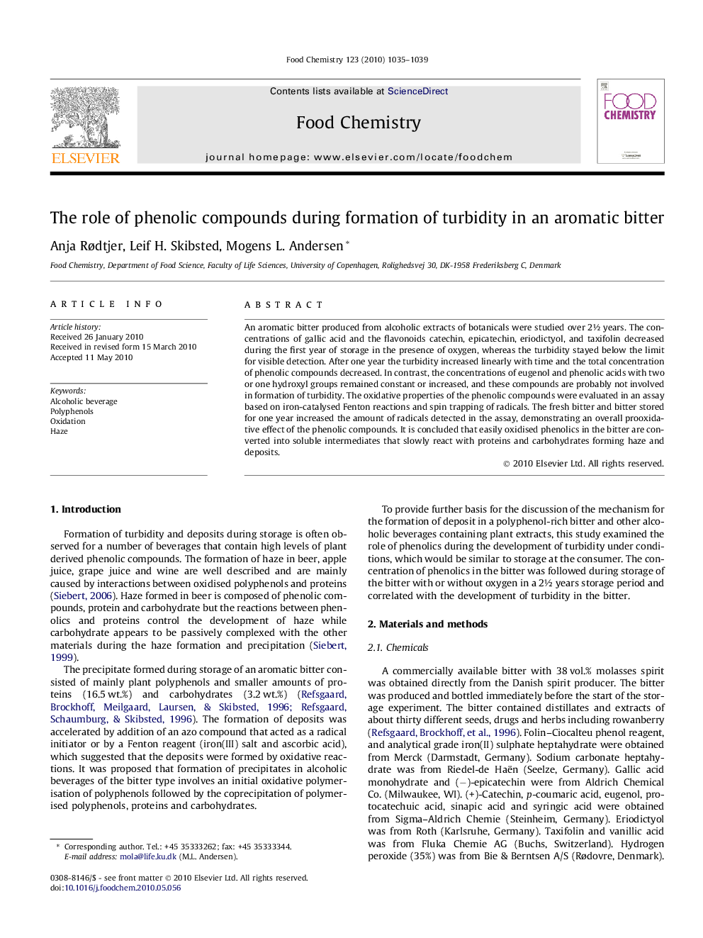 عکس صفحه اول مقاله: The role of phenolic compounds during formation of turbidity in an aromatic bitter The role of phenolic compounds during formation of turbidity in an aromatic bitter