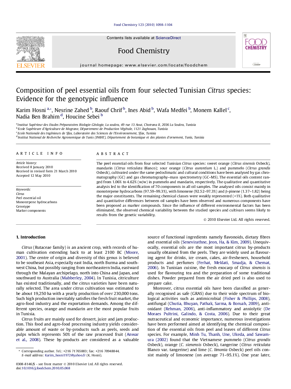 Composition of peel essential oils from four selected Tunisian Citrus species: Evidence for the genotypic influence