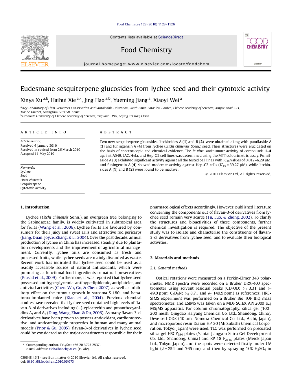 عکس صفحه اول مقاله: Eudesmane sesquiterpene glucosides from lychee seed and their cytotoxic activity Eudesmane sesquiterpene glucosides from lychee seed and their cytotoxic activity