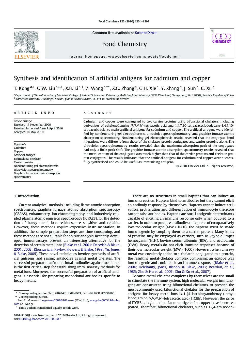 عکس صفحه اول مقاله: Synthesis and identification of artificial antigens for cadmium and copper Synthesis and identification of artificial antigens for cadmium and copper
