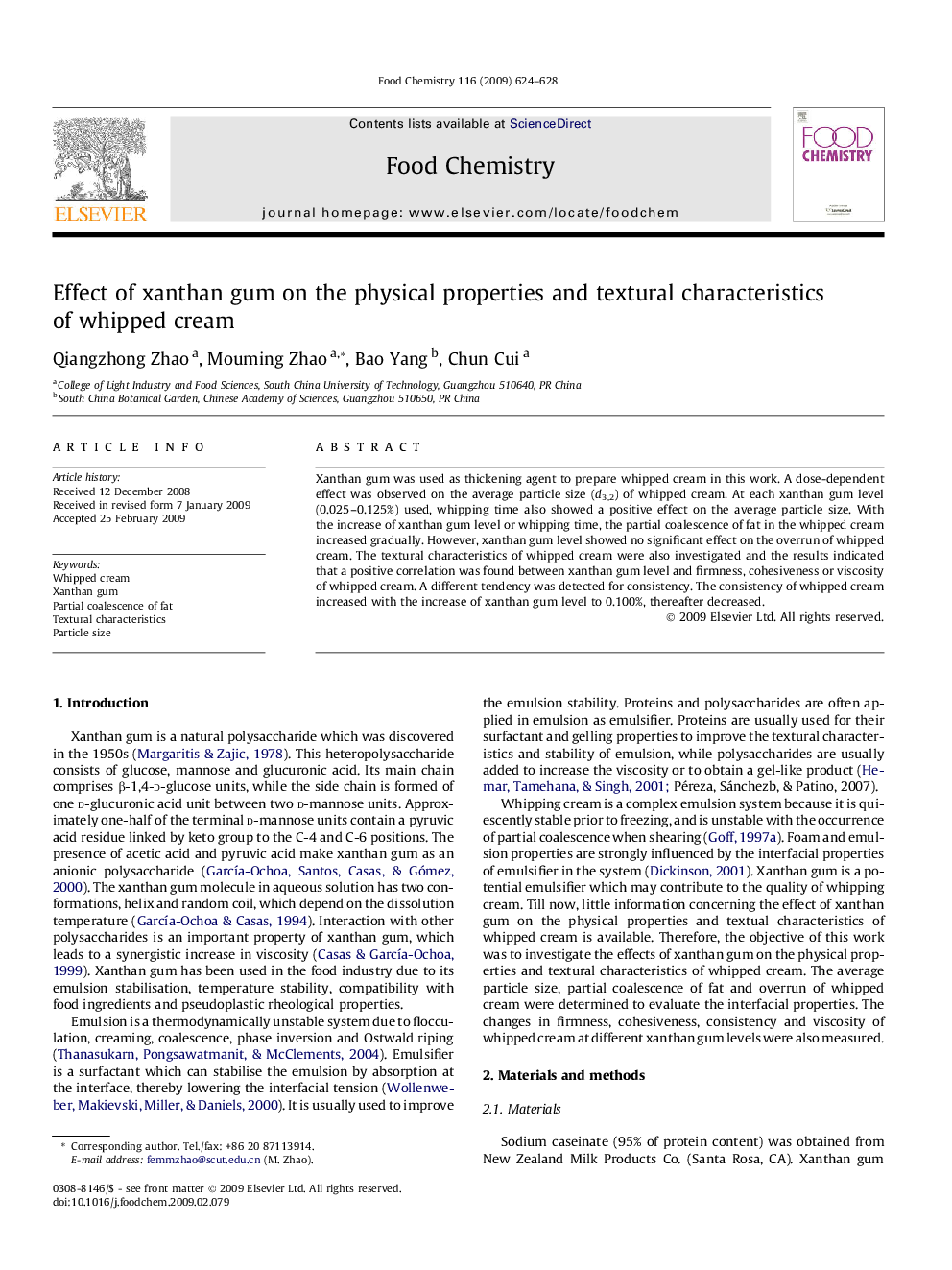 Effect of xanthan gum on the physical properties and textural characteristics of whipped cream