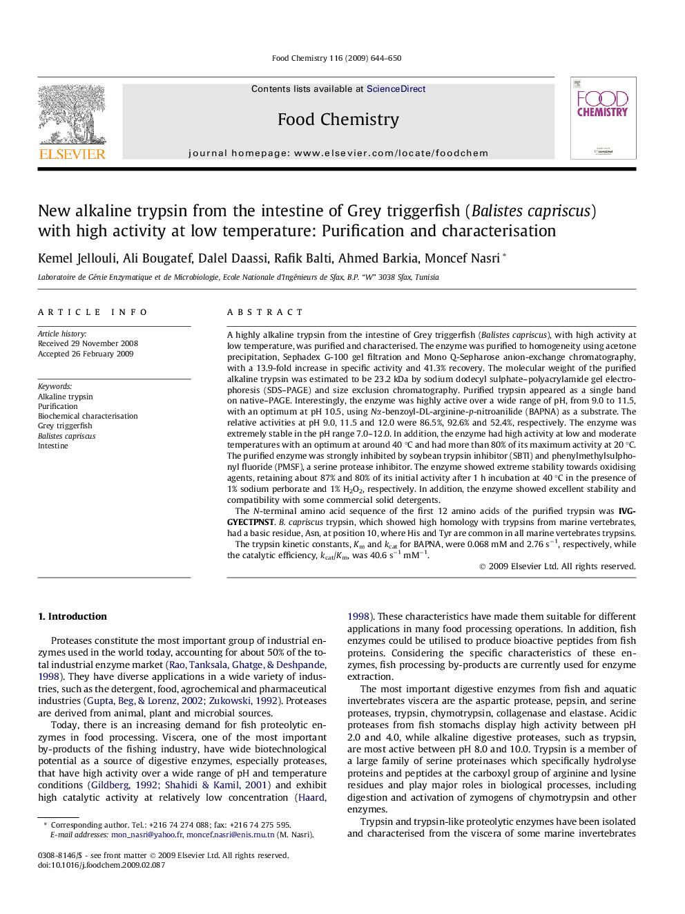 New alkaline trypsin from the intestine of Grey triggerfish (Balistes capriscus) with high activity at low temperature: Purification and characterisation