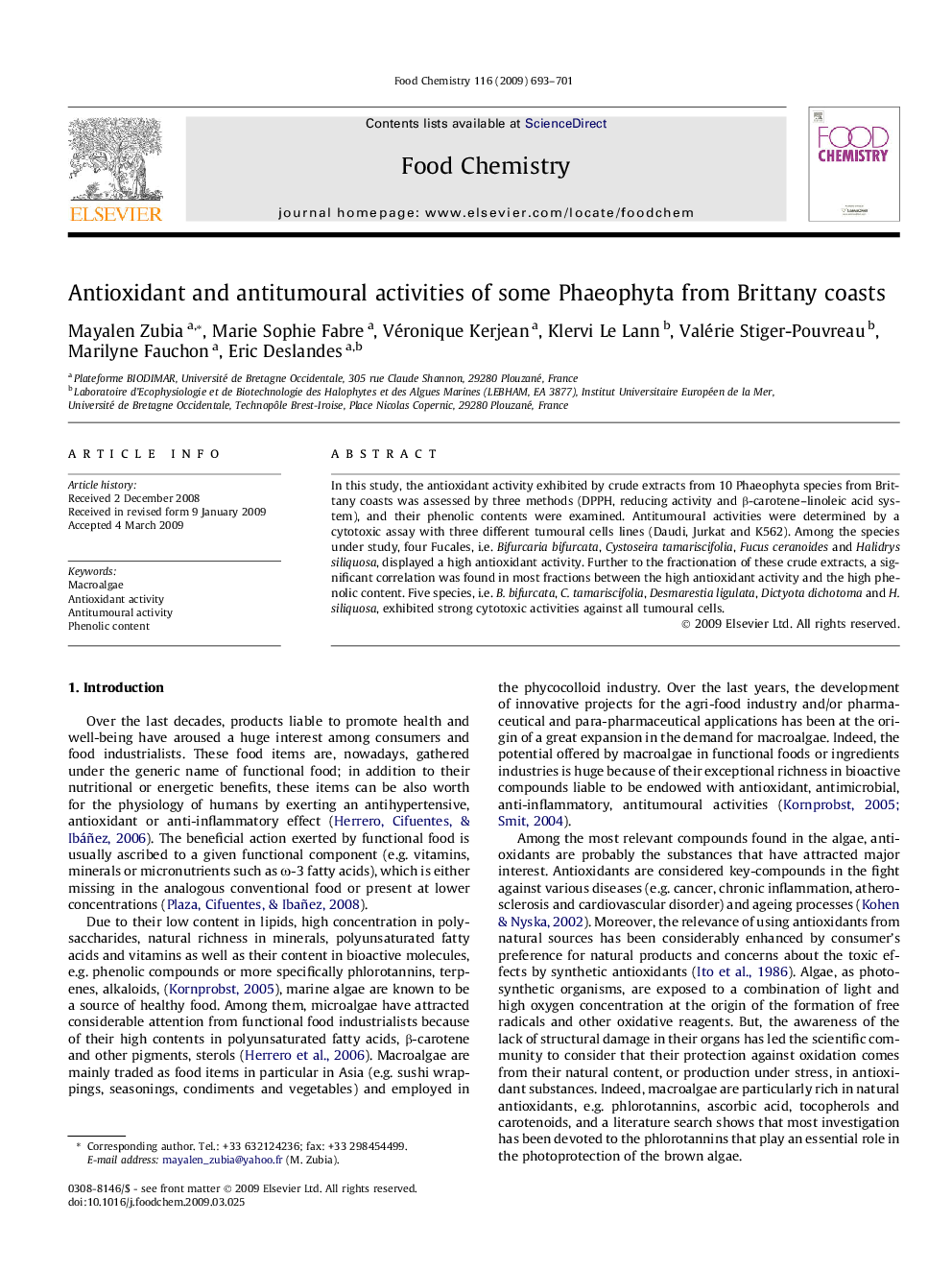 Antioxidant and antitumoural activities of some Phaeophyta from Brittany coasts