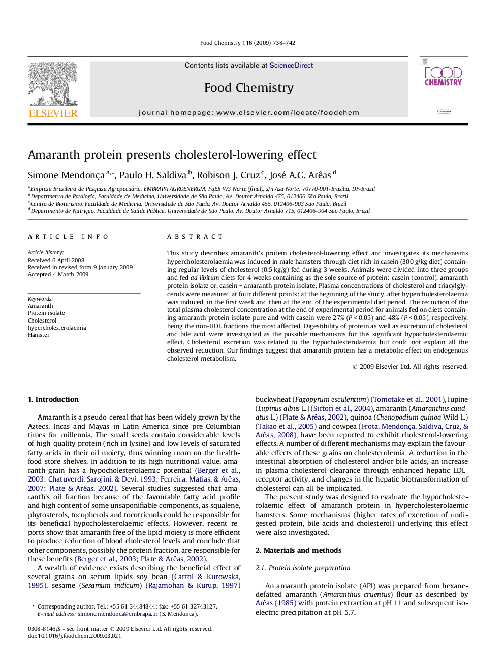 Amaranth protein presents cholesterol-lowering effect