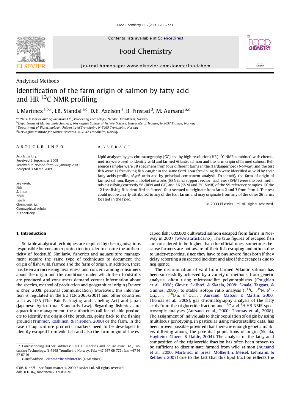 Identification of the farm origin of salmon by fatty acid and HR 13C NMR profiling