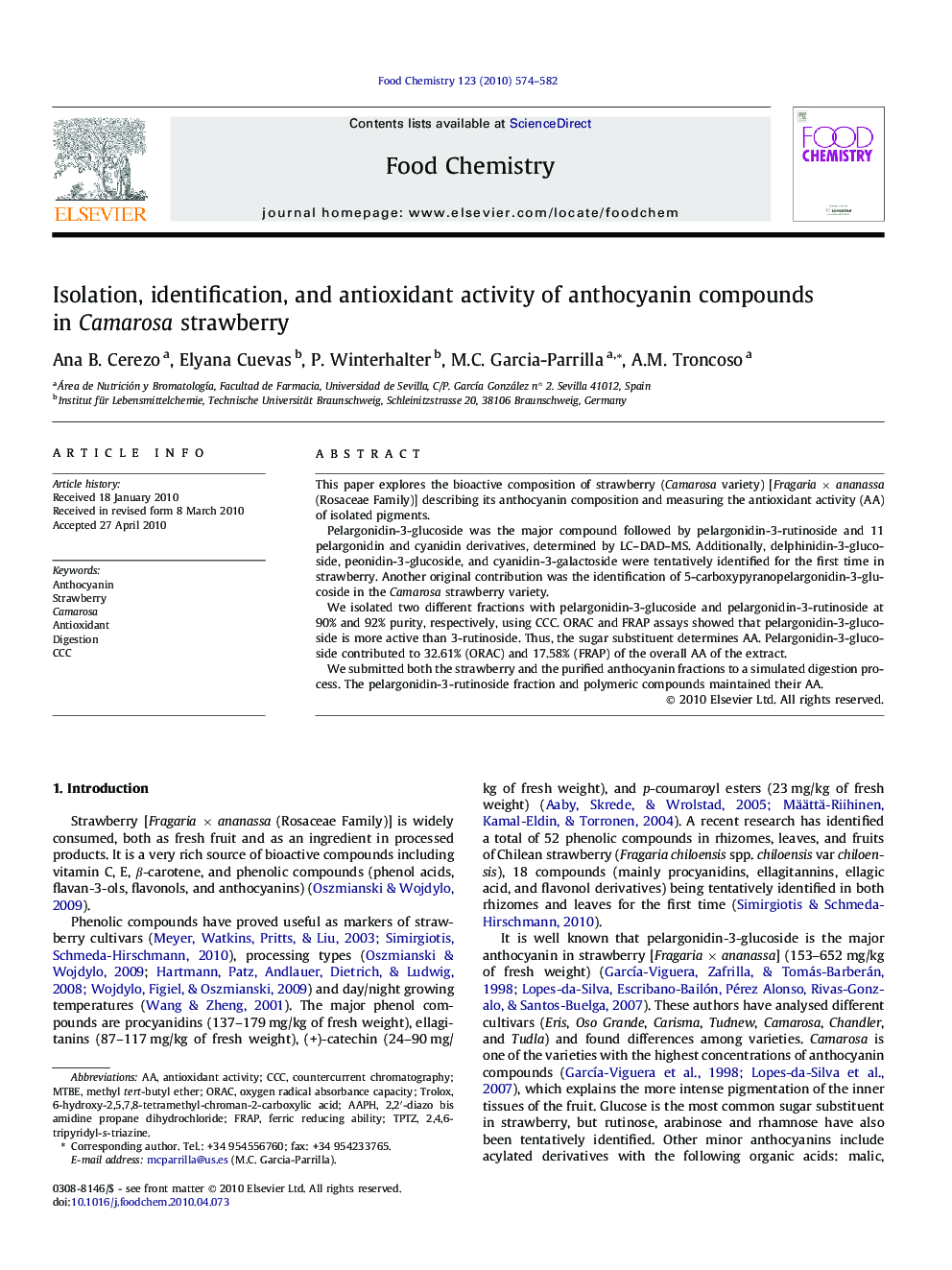 Isolation, identification, and antioxidant activity of anthocyanin compounds in Camarosa strawberry