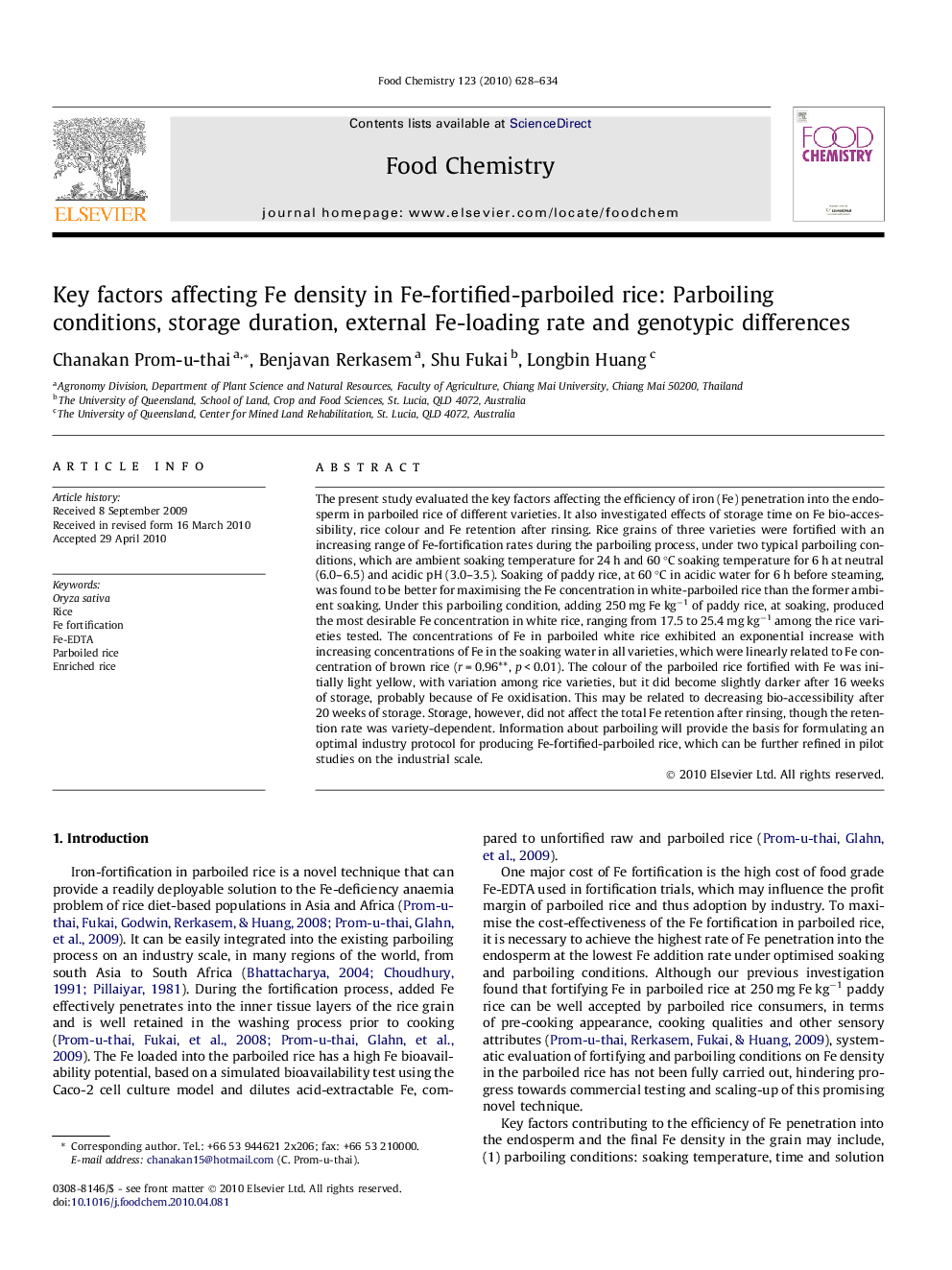 Key factors affecting Fe density in Fe-fortified-parboiled rice: Parboiling conditions, storage duration, external Fe-loading rate and genotypic differences