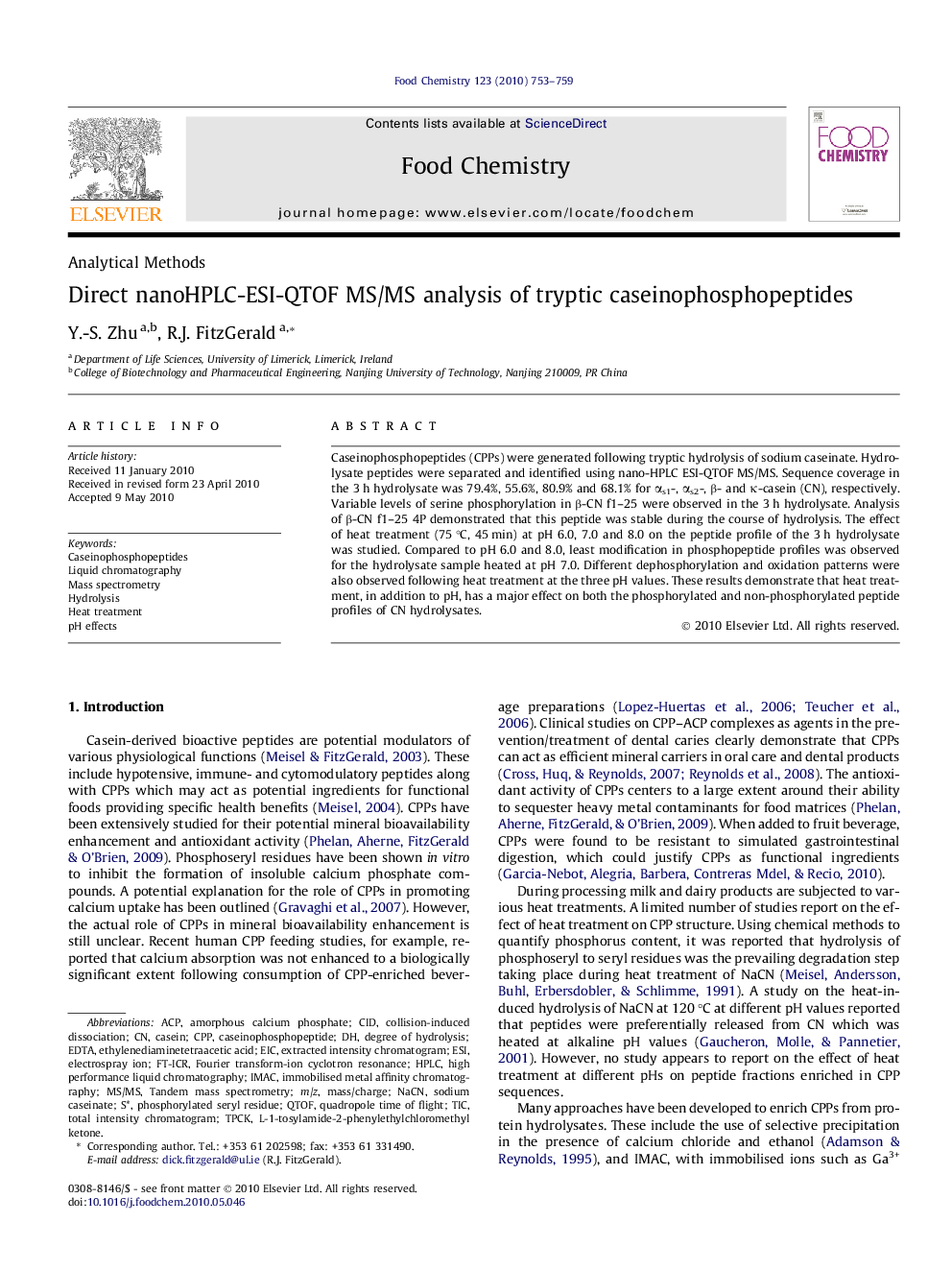 Direct nanoHPLC-ESI-QTOF MS/MS analysis of tryptic caseinophosphopeptides