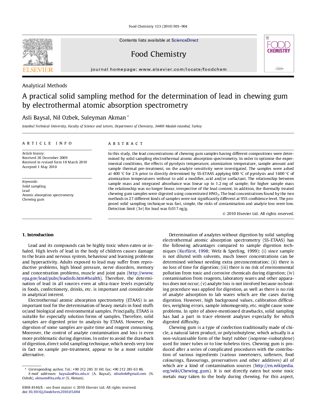 A practical solid sampling method for the determination of lead in chewing gum by electrothermal atomic absorption spectrometry