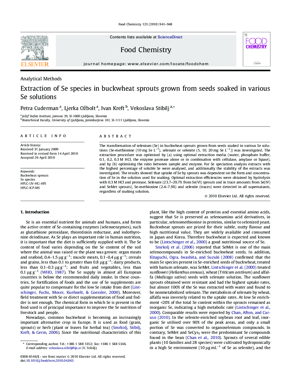 عکس صفحه اول مقاله: Extraction of Se species in buckwheat sprouts grown from seeds soaked in various Se solutions Extraction of Se species in buckwheat sprouts grown from seeds soaked in various Se solutions