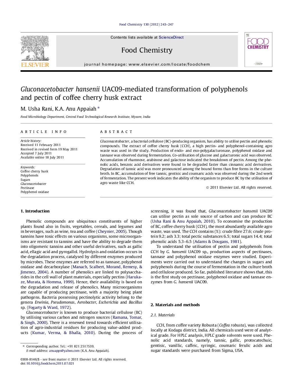 Gluconacetobacter hansenii UAC09-mediated transformation of polyphenols and pectin of coffee cherry husk extract