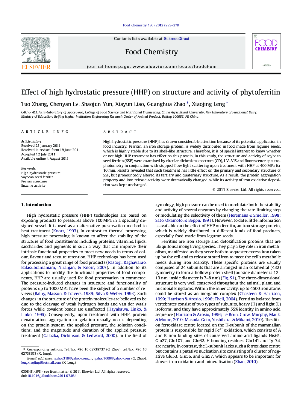 Effect of high hydrostatic pressure (HHP) on structure and activity of phytoferritin