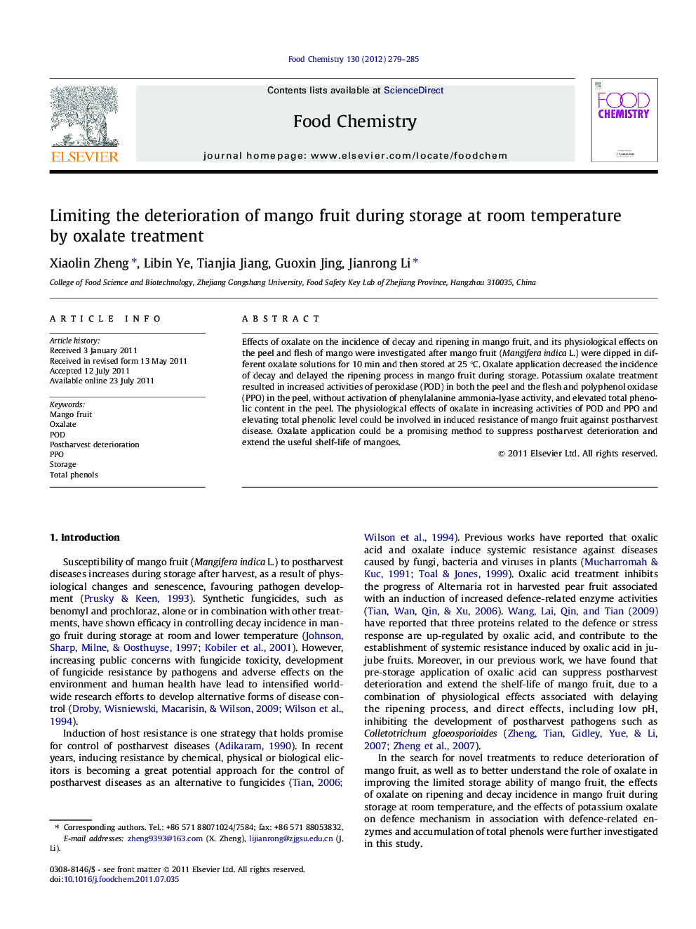 Limiting the deterioration of mango fruit during storage at room temperature by oxalate treatment