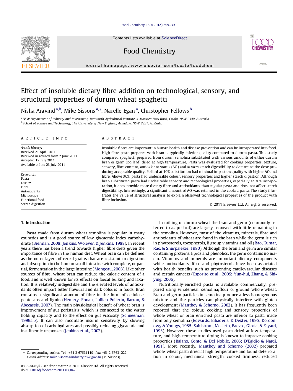 Effect of insoluble dietary fibre addition on technological, sensory, and structural properties of durum wheat spaghetti